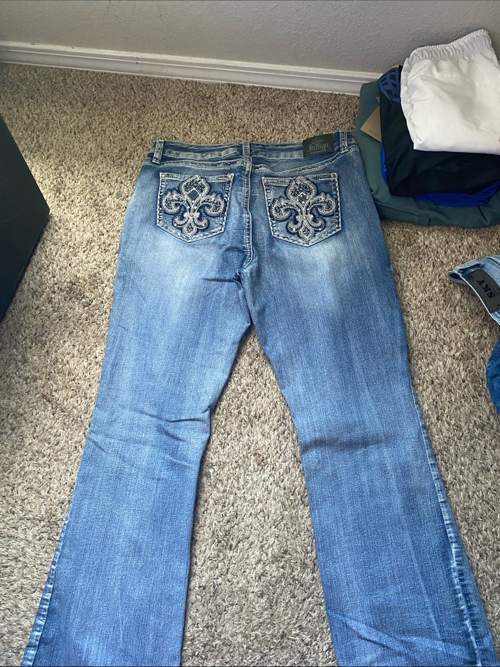 Indigo Embroidered Pocket Flare Jeans - Medium Blue